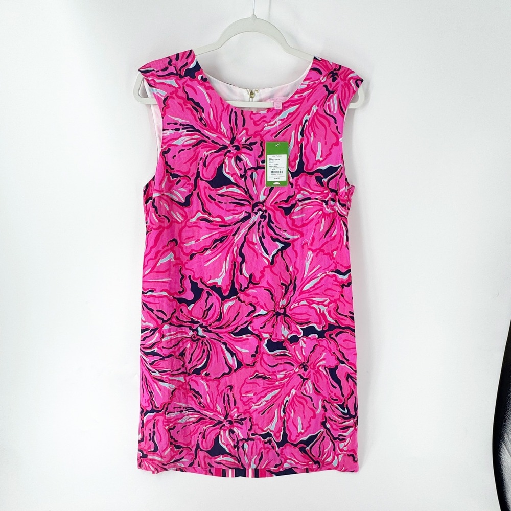 Lilly Pulitzer Flirty Engineered Shift Dress Pink Floral Navy Stripe 20882 M